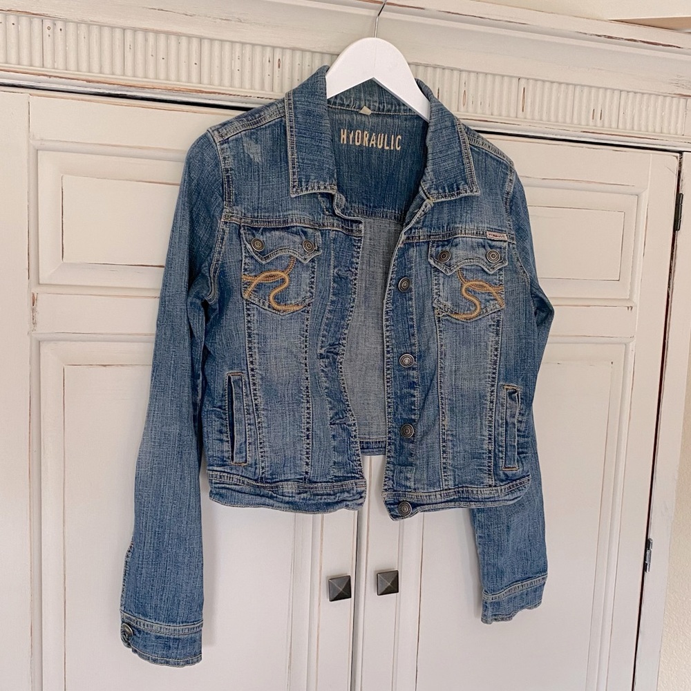 Hydraulic Denim Blue Jean jacket button front Medium Festival Fall Rodeo School - Picture 1 of 8
